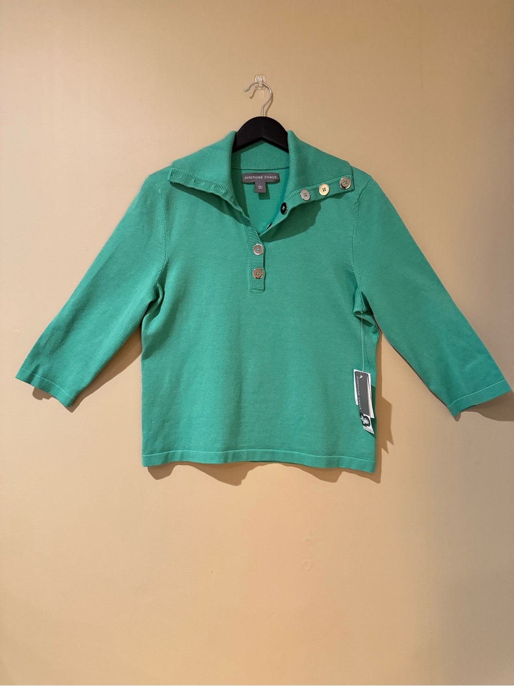 Josephine Chaus Silk Blend Green Button Collar Knit Top 3/4 Sleeve L NWT